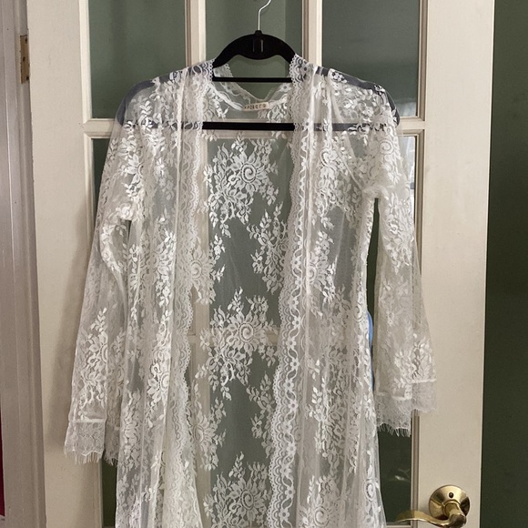 😍 NWOT Aporei Sheer Lace Maxi Dressing Robe Kimono, White, Large - Picture 12 of 16